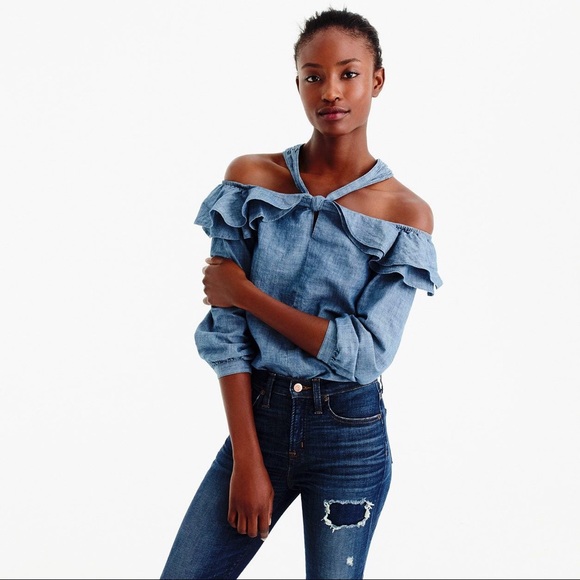 NWT J. CREW Denim Off-the-shoulder Flowy Shirt - Picture 2 of 5